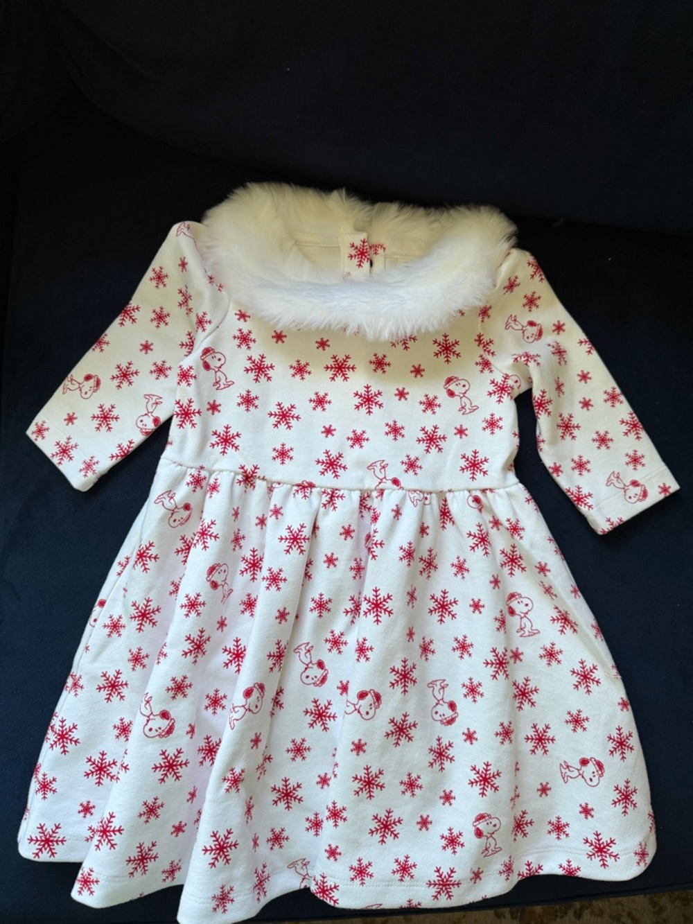 Baby Holiday Dress with Faux Fur Collar - Red Snowflake Print